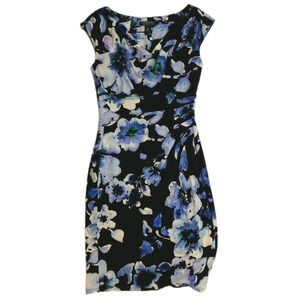 Lauren Ralph Lauren Women’s Dress Size 4 Floral Ruched Sheath Black Blue Stretch